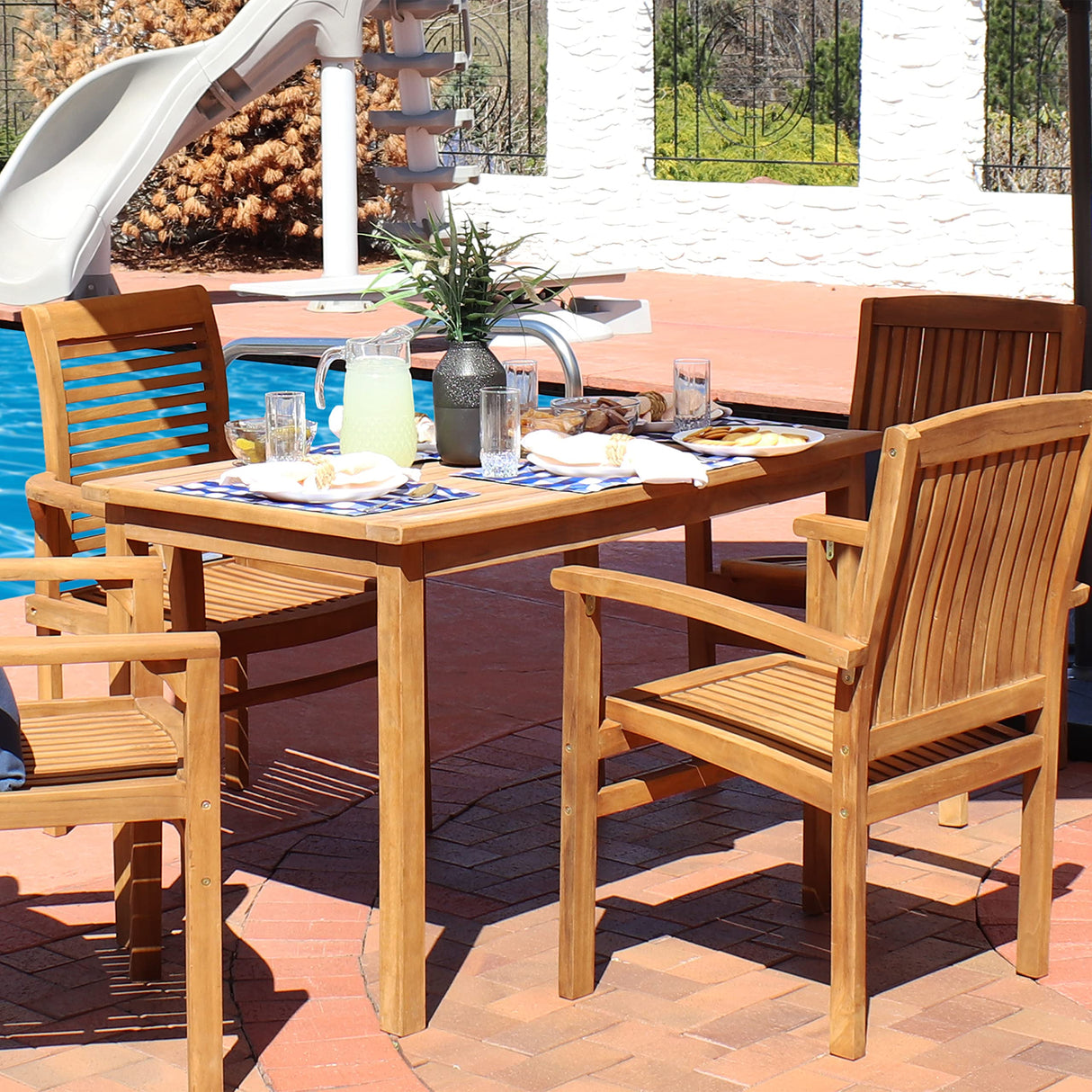 Rectangular Solid Teak Outdoor Dining Table - Light Wood Stain Finish - 47-Inch