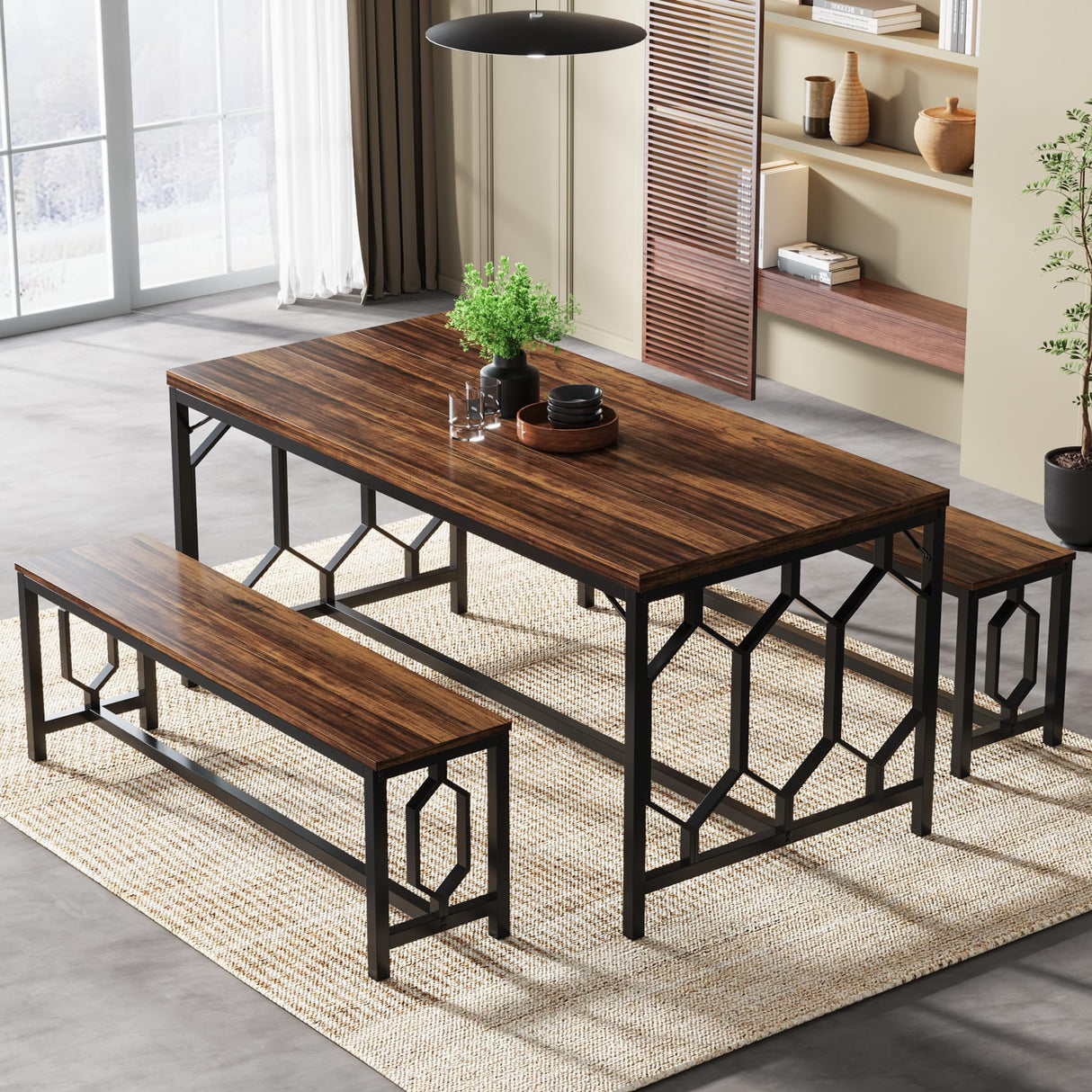 Tribesigns 55-Inch Large Dining Table Set for 4 to 6, Kitchen Breakfast Table with 2 Benches, Rectangular 3-Piece Wood Modern Industrial Bar Table Furniture for Dining Room, Rustic Brown & Black