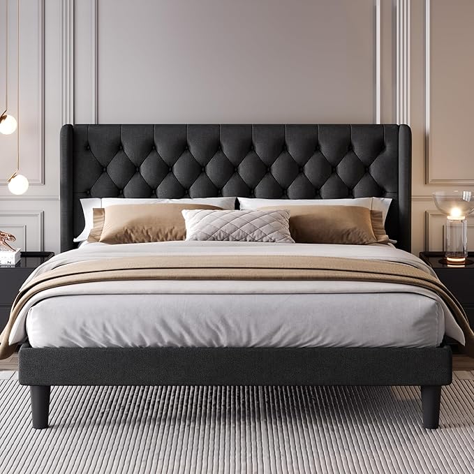 Queen Size Upholstered Platform Bed Frame with Wingback Headboard,