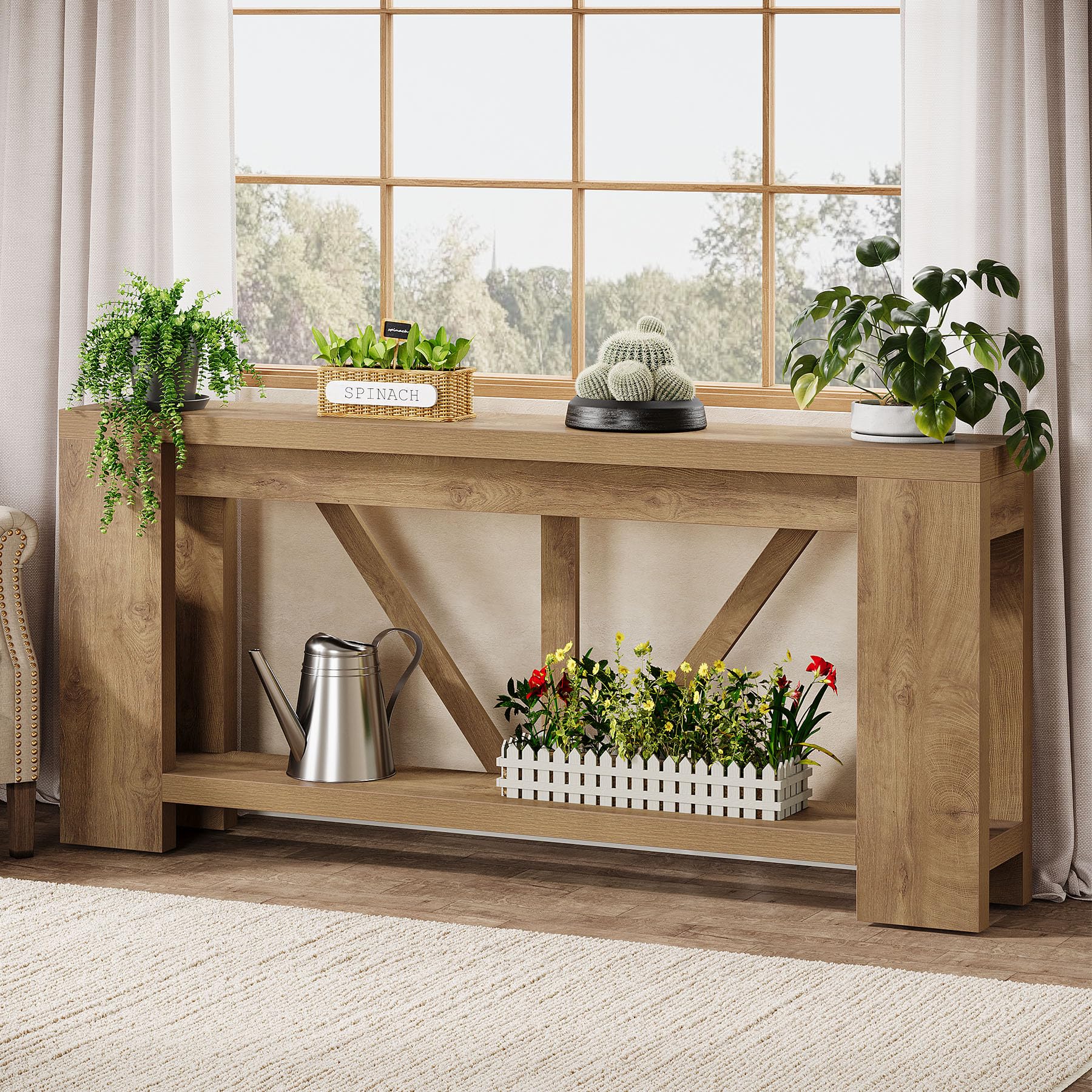 70.9" Extra Long Farmhouse Console Table with Storage - Light Brown