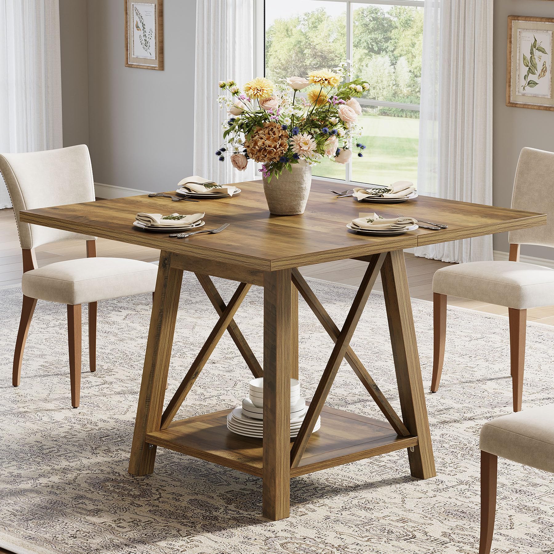 Square Dining Table for 4 with Shelf Storage