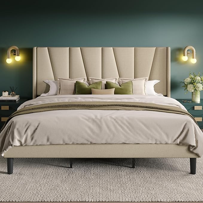 Queen Size Platform Bed Frame with Geometric Wingback Headboard, Modern Upholstered Bed with Wooden Slats Support, No Box Spring Needed, Easy Assembly, Beige