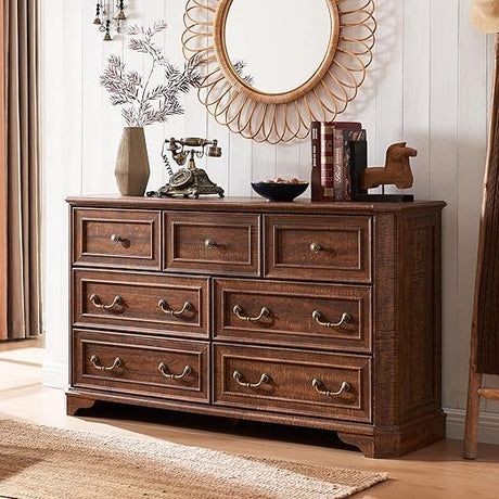 Farmhouse 7 Drawers Dresser for Bedroom, 54" Wide Wood Rustic Chest of Drawers