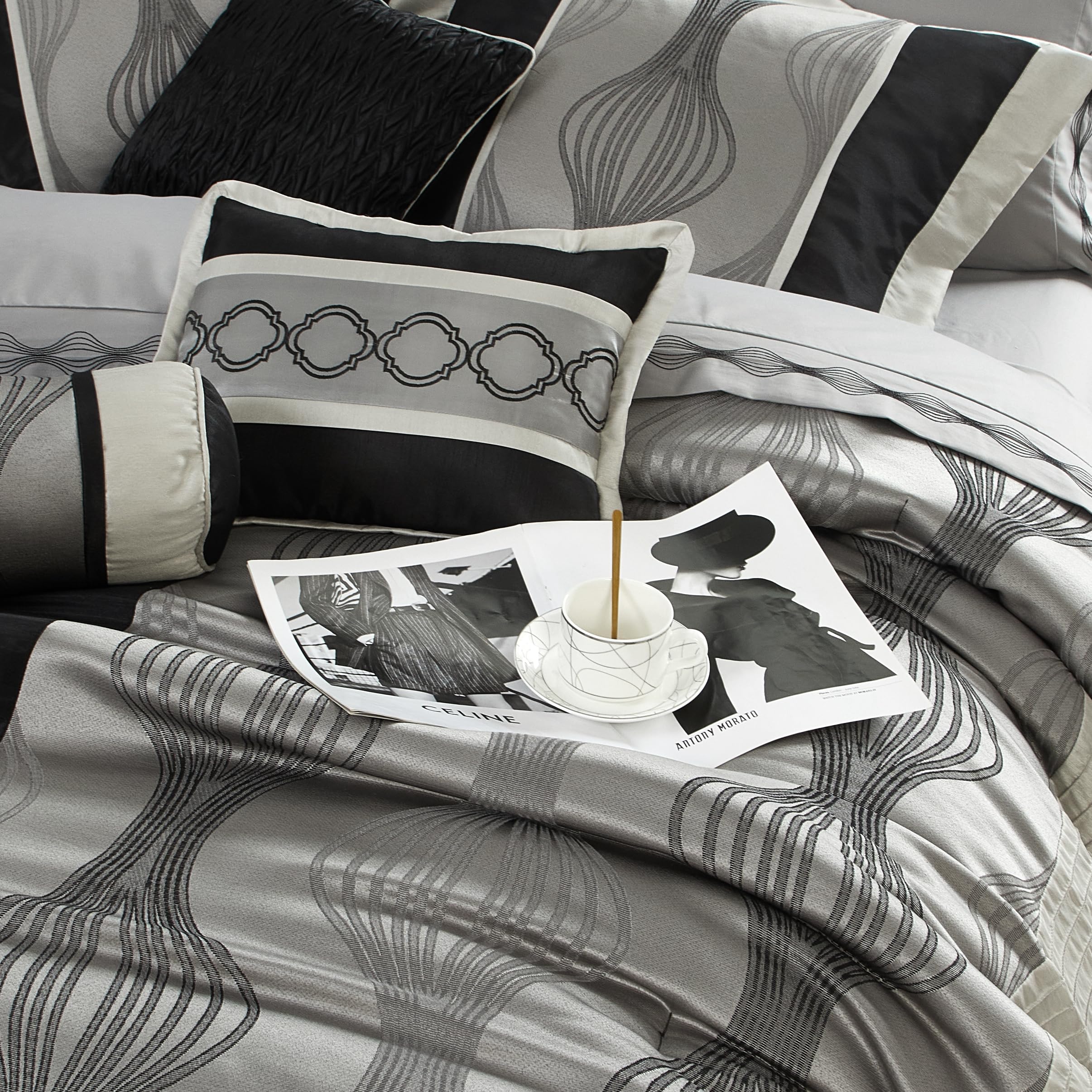 Black and Silver Striped Comforter Set - King Size 7 Piece