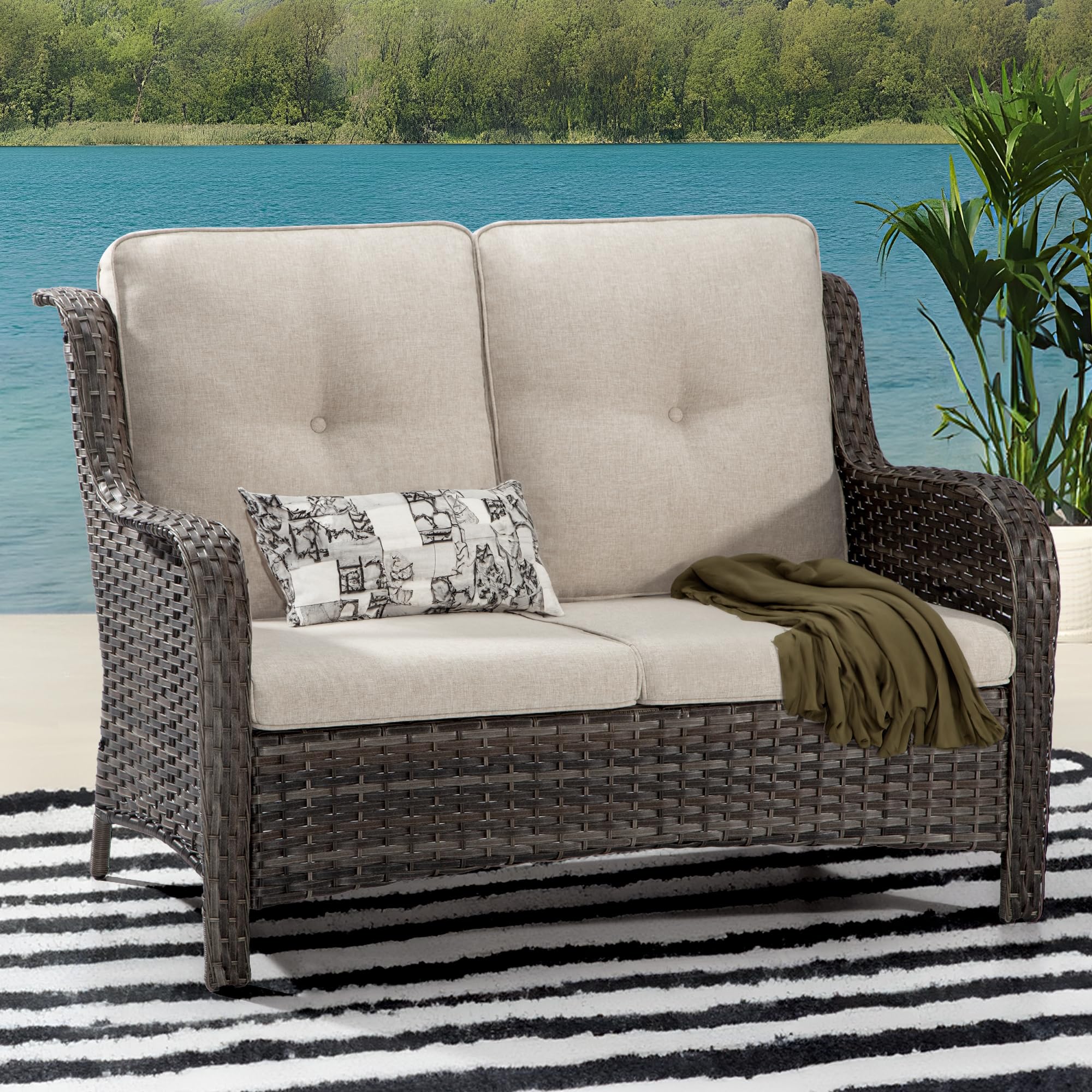 Outdoor Patio Wicker Loveseat Sofa - 2-Seater Rattan Sofa for Outside Patio Garden