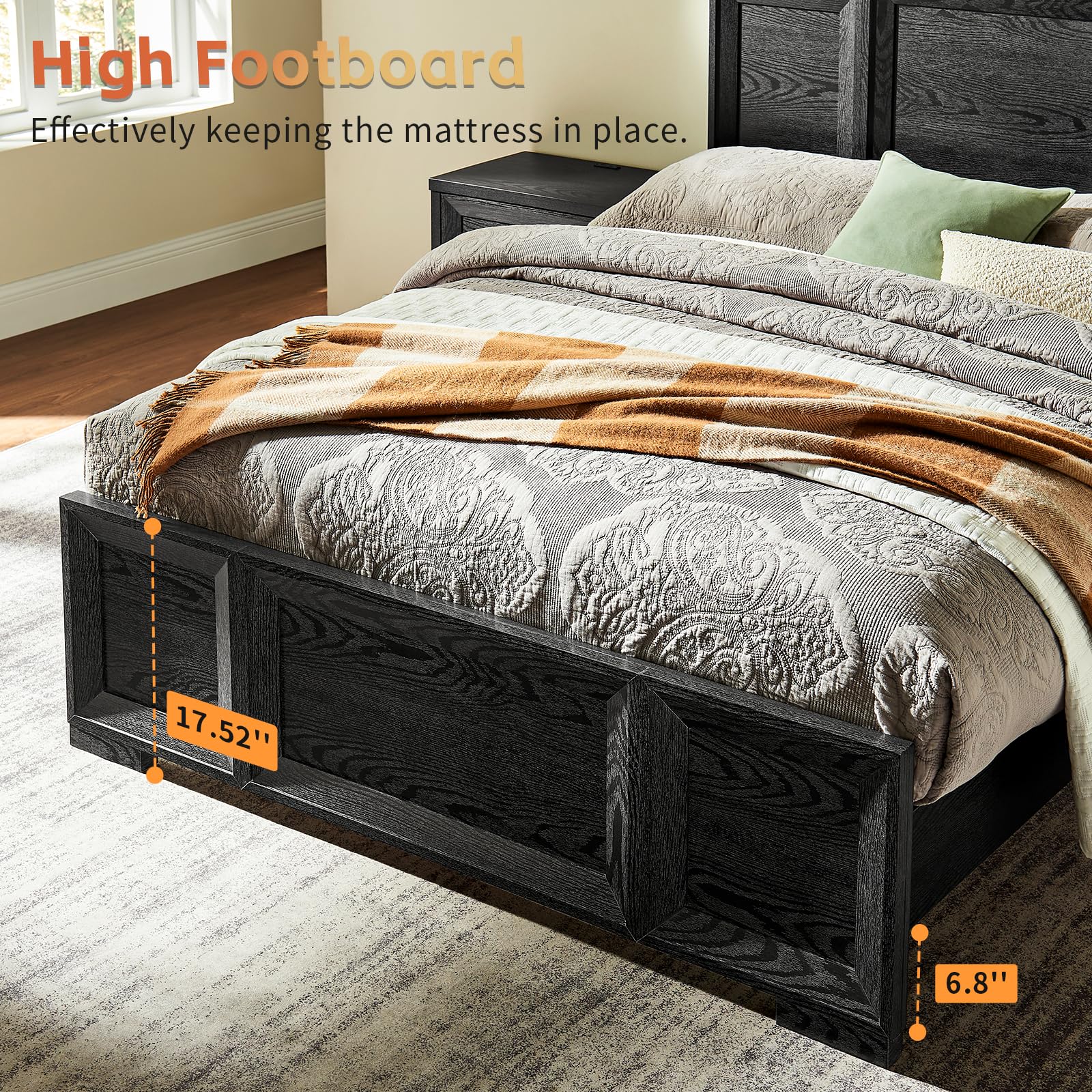 Queen Bed Frame with Wood Headboard and Footboard - Black