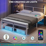 Queen Metal Platform Bed Frame with LED Lights & Charging Station
