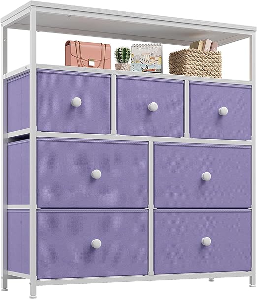 Pink Dresser, Dresser for Bedroom with 7 Drawers, Chests of Drawers & Fabric Dresser