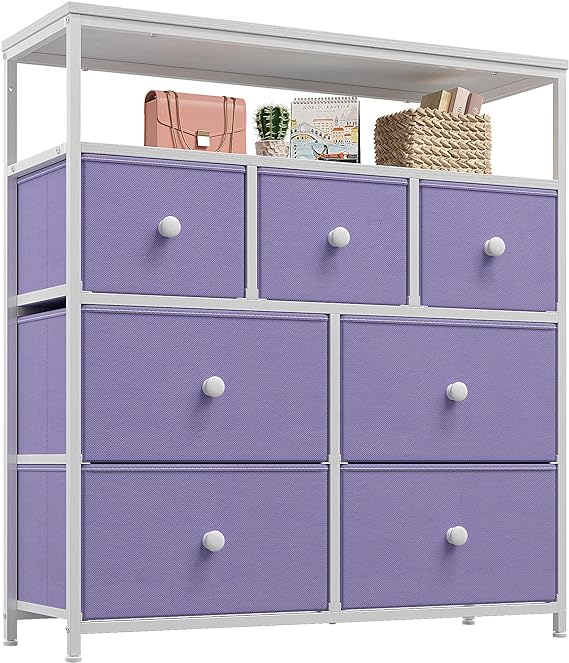 Pink Dresser for Bedroom with 7 Drawers and 2 Shelves