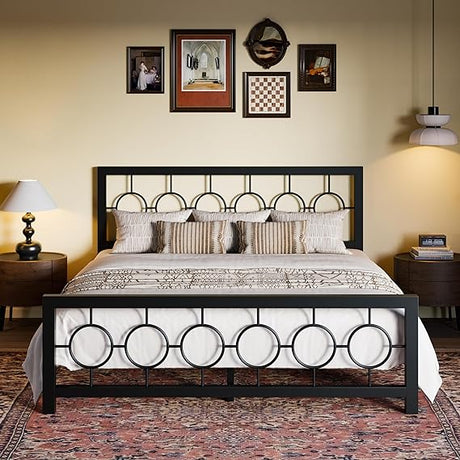 Queen Size Metal Bed Frame with Vintage Circular Design Headboard and Footboard