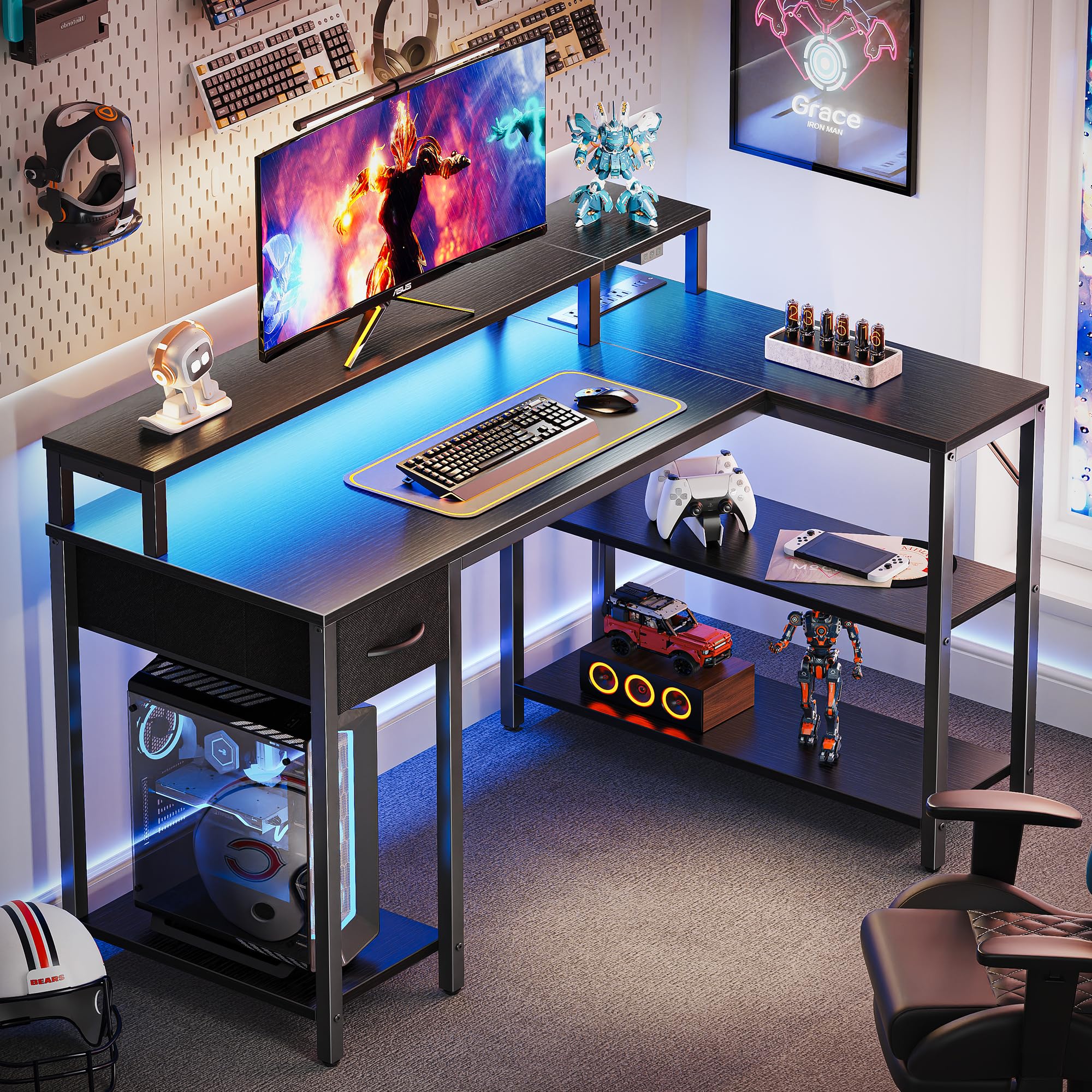 47 inch Reversible L Shaped Desk with LED Lights & Power Outlets