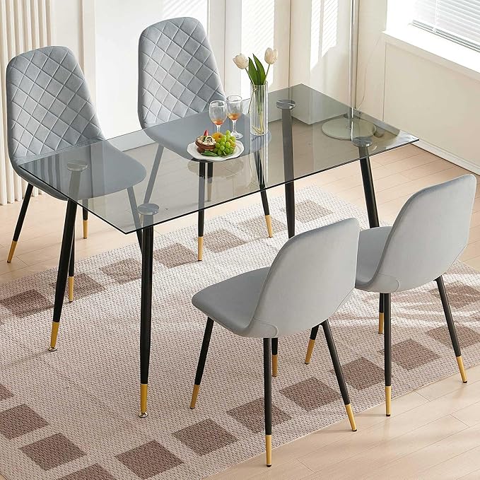 5-Piece Grey Glass Dining Table Set for 4, Modern Tempered Glass Kitchen Table Set