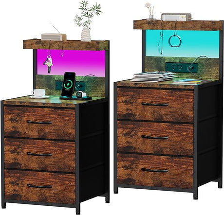 Nightstands Set of 2, LED End Table with 3 Drawers and Type C Charging Station