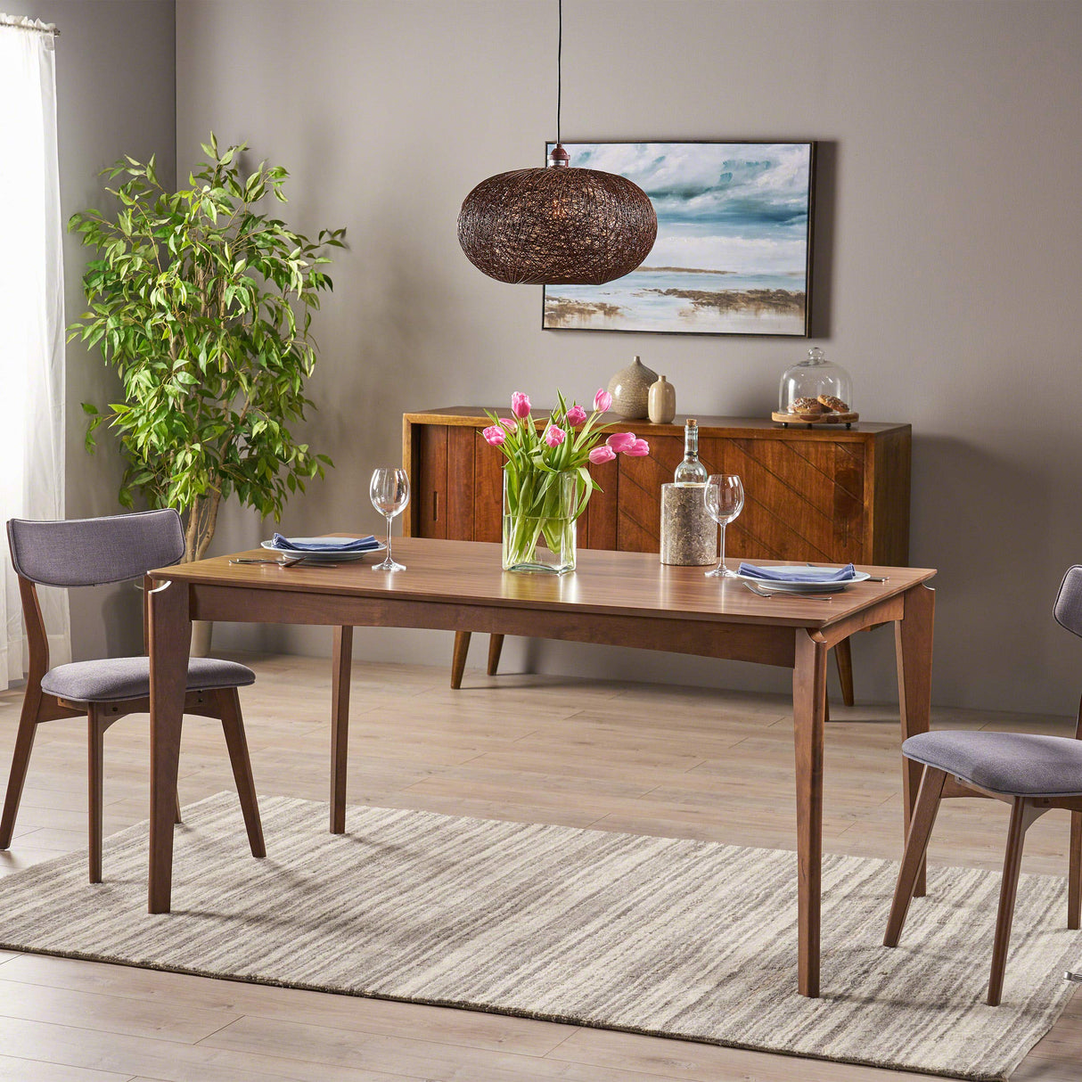 Noble House Wren Rubberwood Dining Table in Natural Walnut