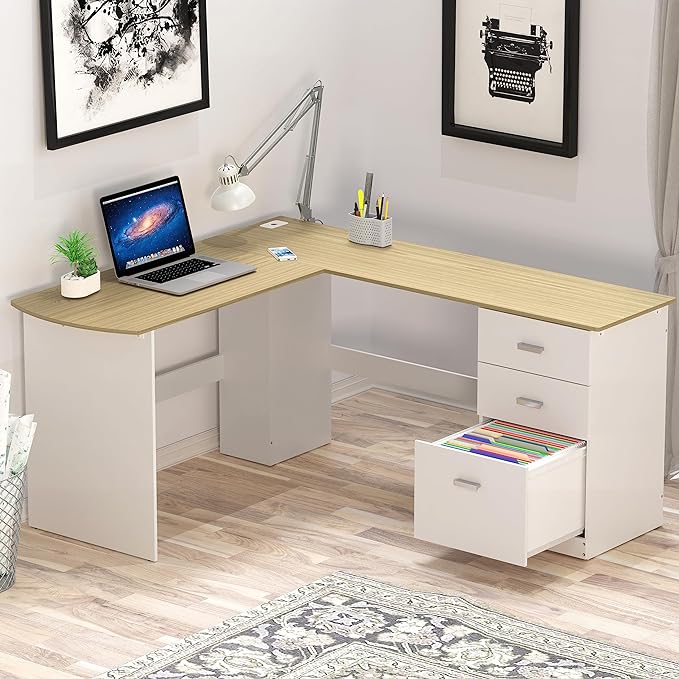 L-Shaped Home Office Wood Corner Desk with 3 Drawers