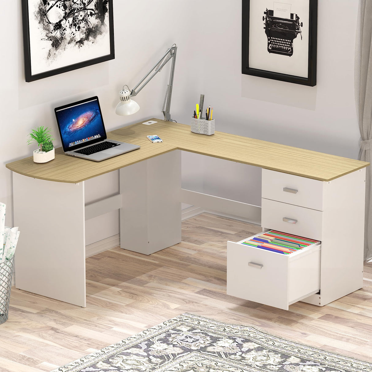 L-Shaped Home Office Wood Corner Desk with 3 Drawers, Oak