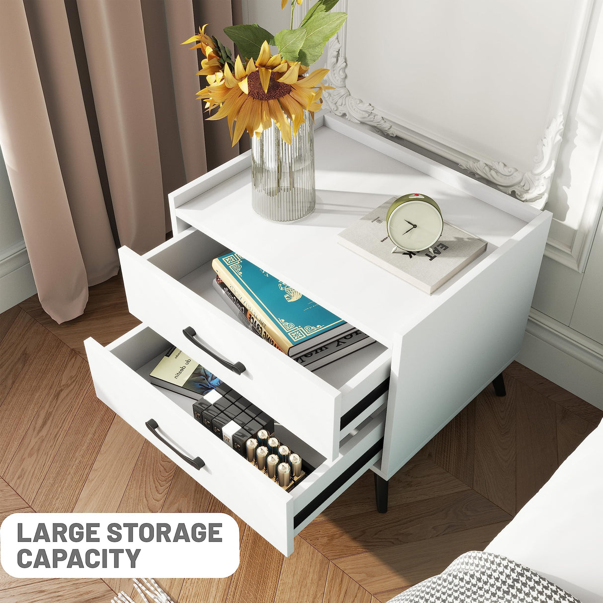 White Nightstand with 2 Storage Drawer,Modern Classics Bedside Table