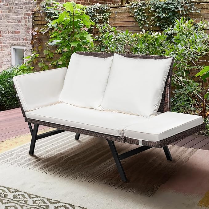 Outdoor Sofa, Woven Rattan Patio Furniture, Convertible Daybed or Double Chair