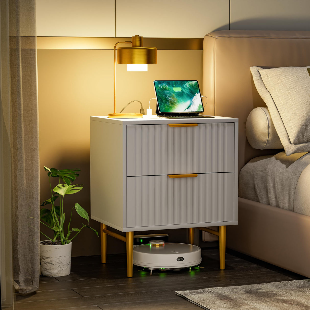 Nightstand with Charging Station, Side Table with 2 Drawers, Fluted End Table with Gold