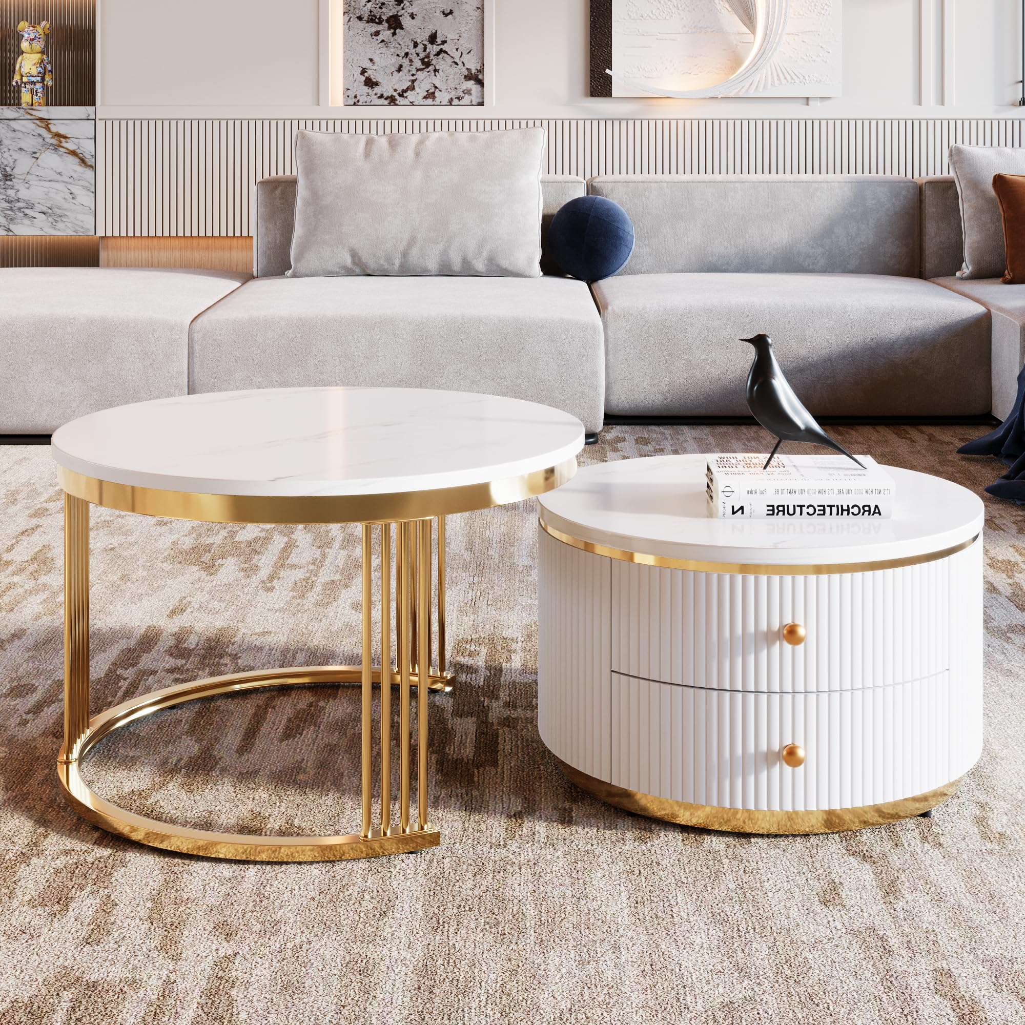 Modern Round Nesting Coffee Tables Set of 2, White with Gold Base