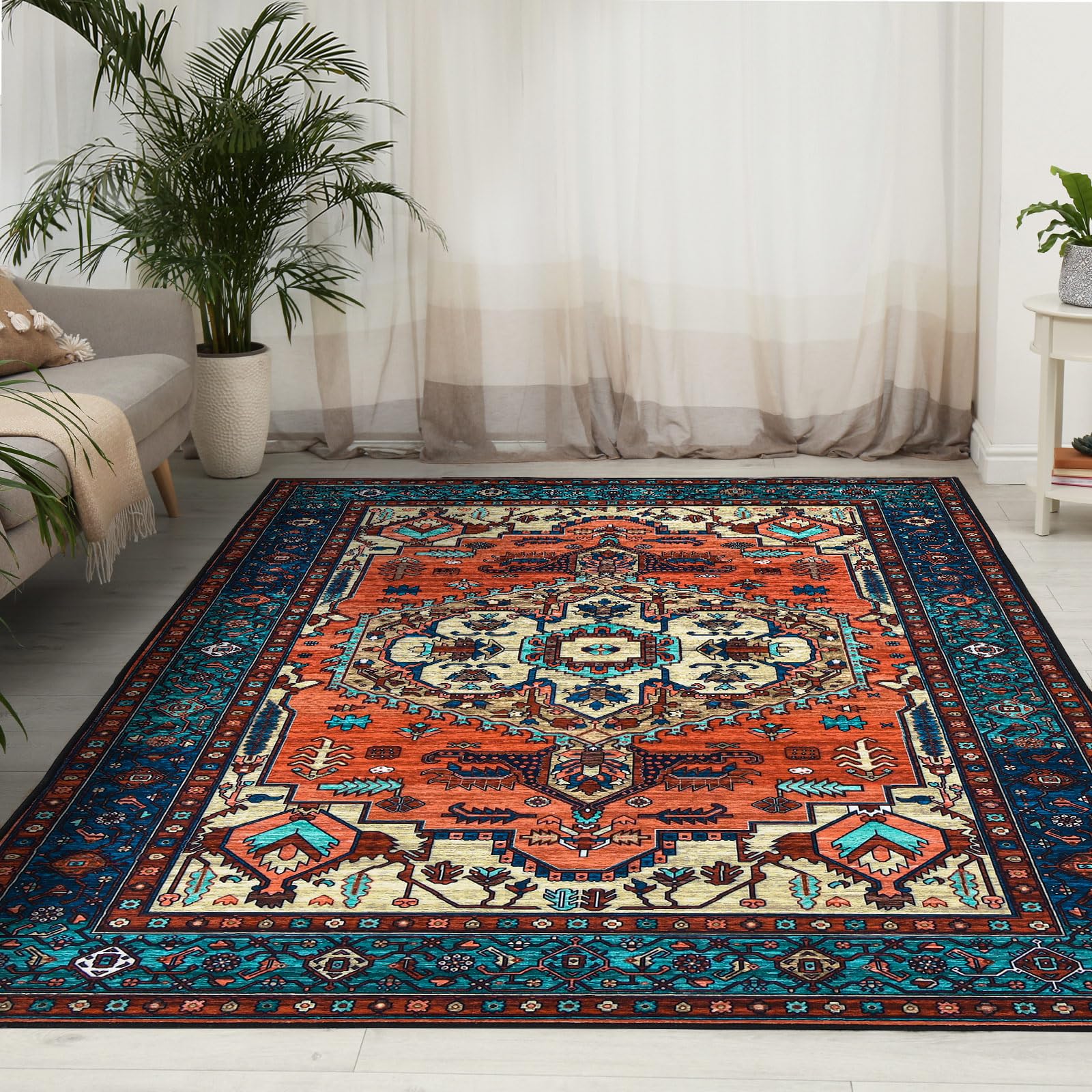 Boho Area Rug 5 x 7 Vintage Oriental Rug Washable Non-Slip Indoor Throw