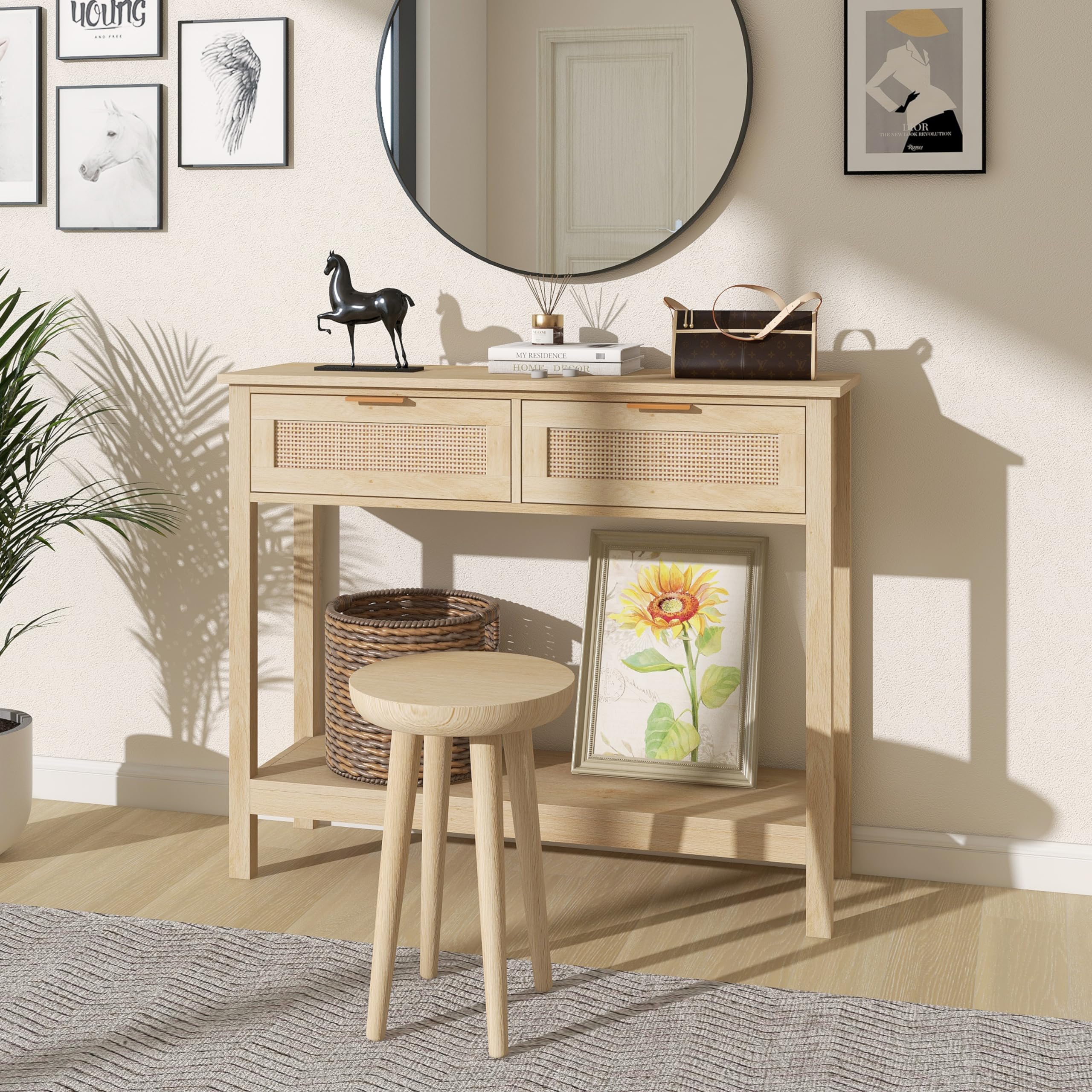 Farmhouse Rattan Console Table with 2 Drawers 2 Tier Boho Narrow Long Sofa Table