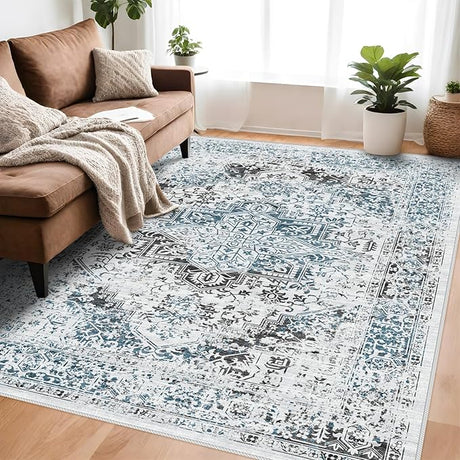 9x12 Large Area Rug - Vintage Washable Rug for Living Room with Non-Slip Low-Pile