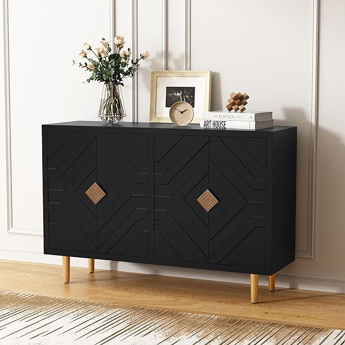 HLR 48" Buffet Cabinet with 4 Doors and Shelves, Modern Credenza Storage Cabinet with Embossed Pattern Doors, Storage Cabinet Sideboard for Living Room, Kitchen, Dining Room, Hallway