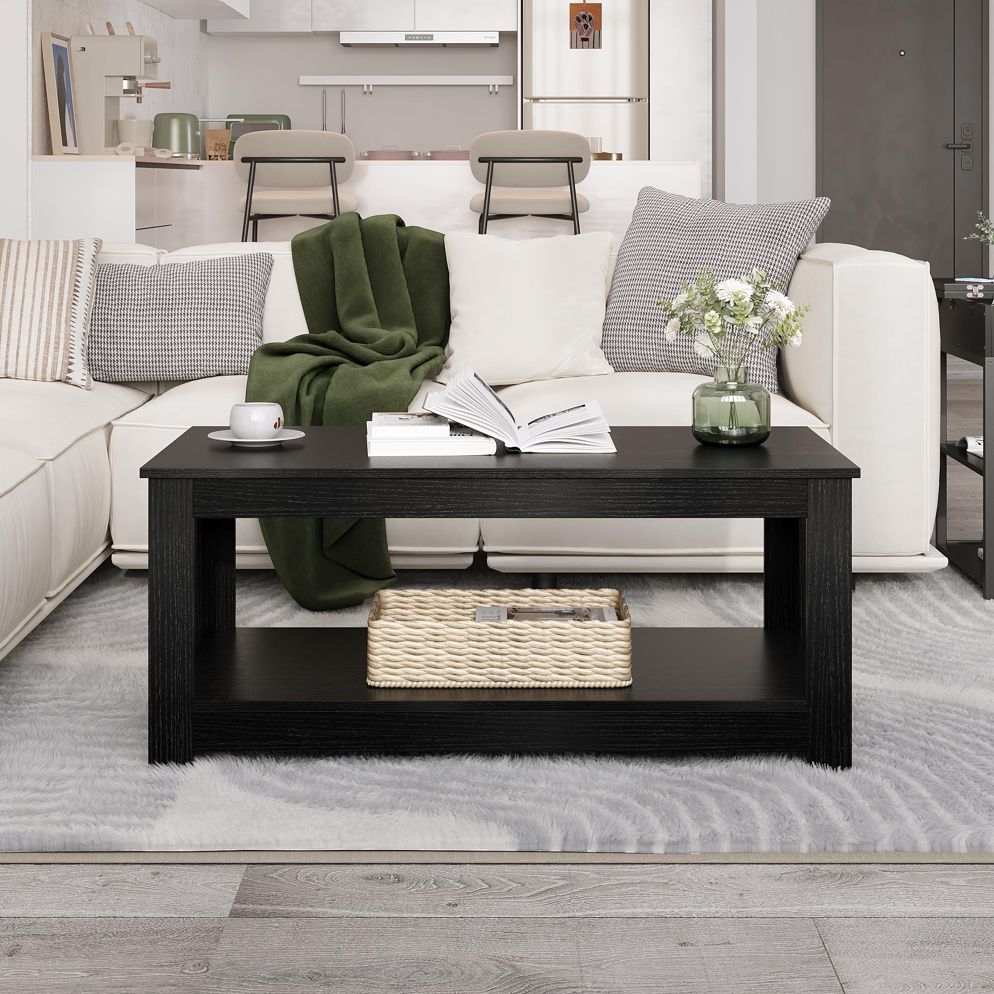 Wooden One Style Fits All Coffee Table - Black Coffee Table, 2-Tier Rectangular Table