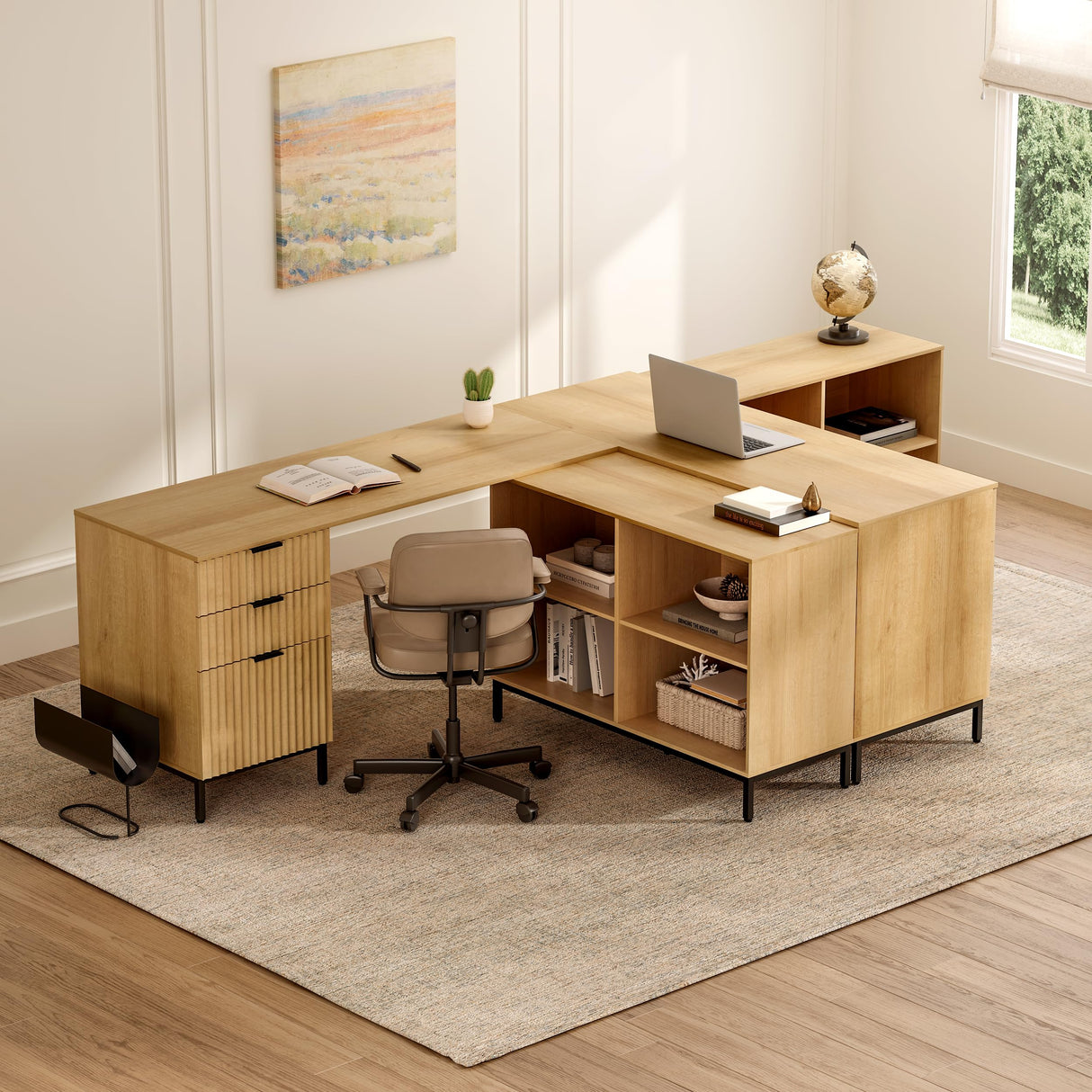 60" L Shaped Fluted Desk, Computer Desk with Movable Storage Cabinet Home Office Desk