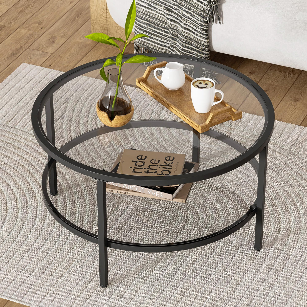 Black Glass Coffee Table, 29.5 Inch Round Modern coffee table, 2-Tier Round Glass Coffee Table for Living Room, 29.5" D x 16.5" H