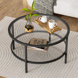 Black Glass Coffee Table, 29.5 Inch Round Modern coffee table, 2-Tier Round Glass Coffee Table for Living Room, 29.5" D x 16.5" H