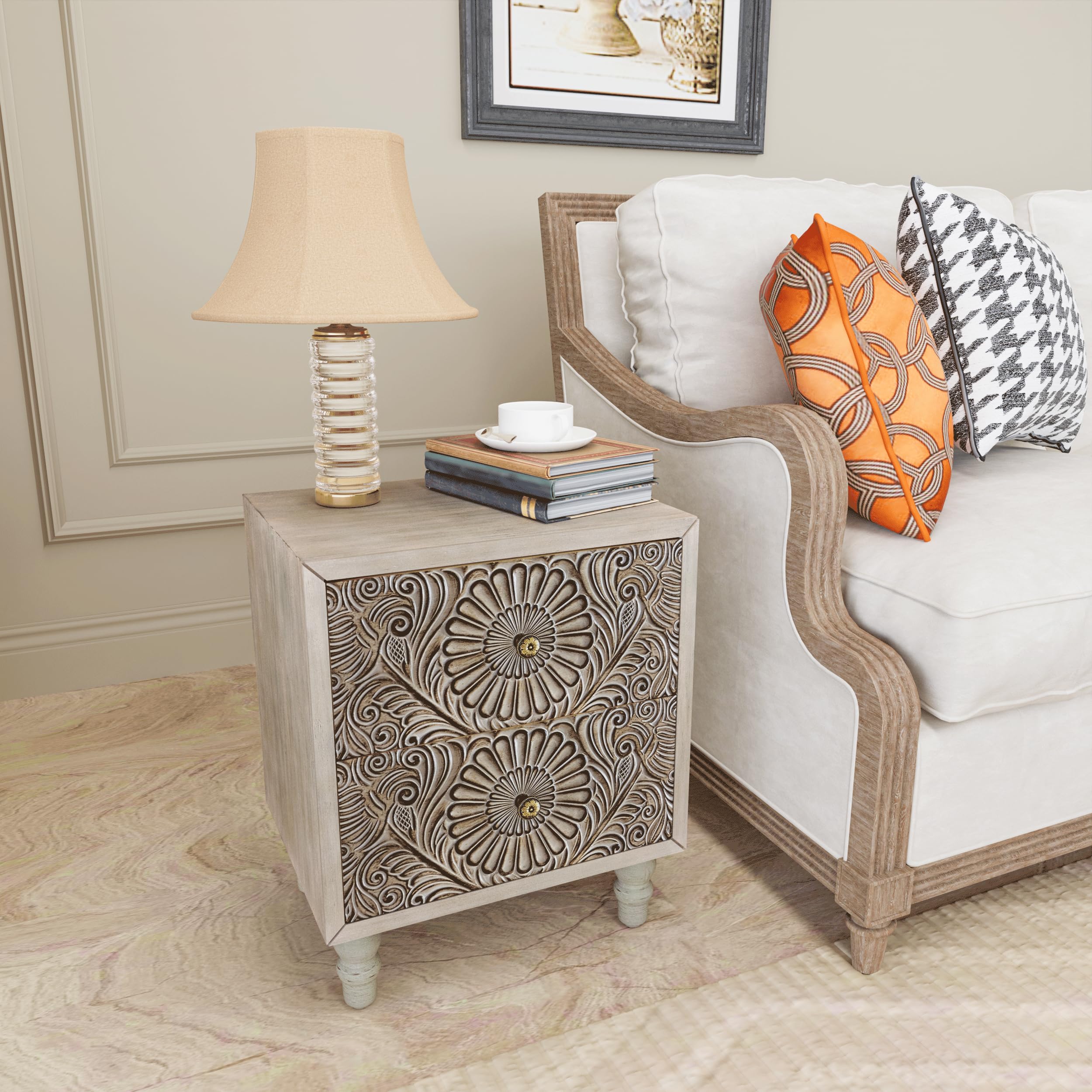 Nightstand w 2 Drawers, Lightweight MDF Vintage Accent Table