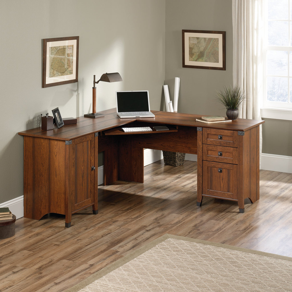 Carson Forge Corner Computer Desk, Washington Cherry finish