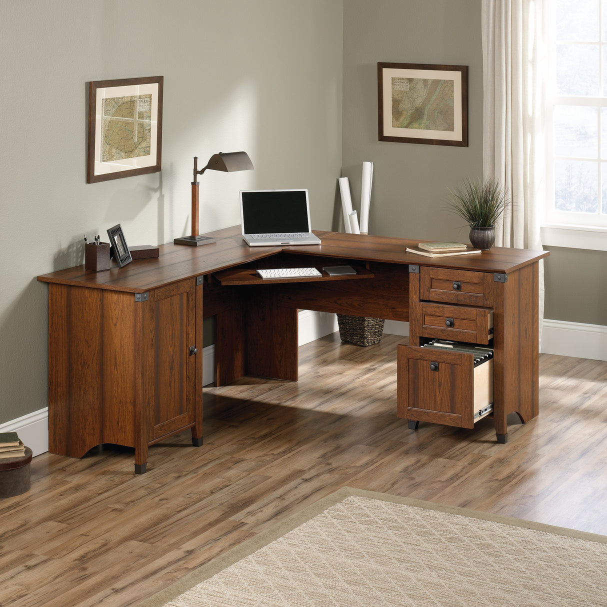 Carson Forge Corner Computer Desk, Washington Cherry finish