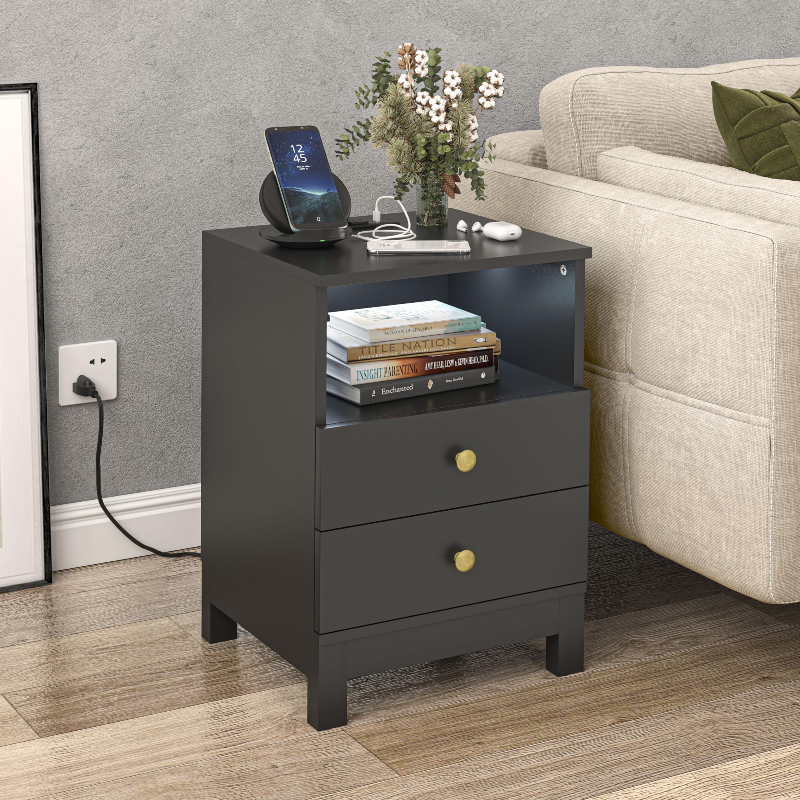 with Charging Station, Bedside Table with USB & Type-C Port, Modern End Table