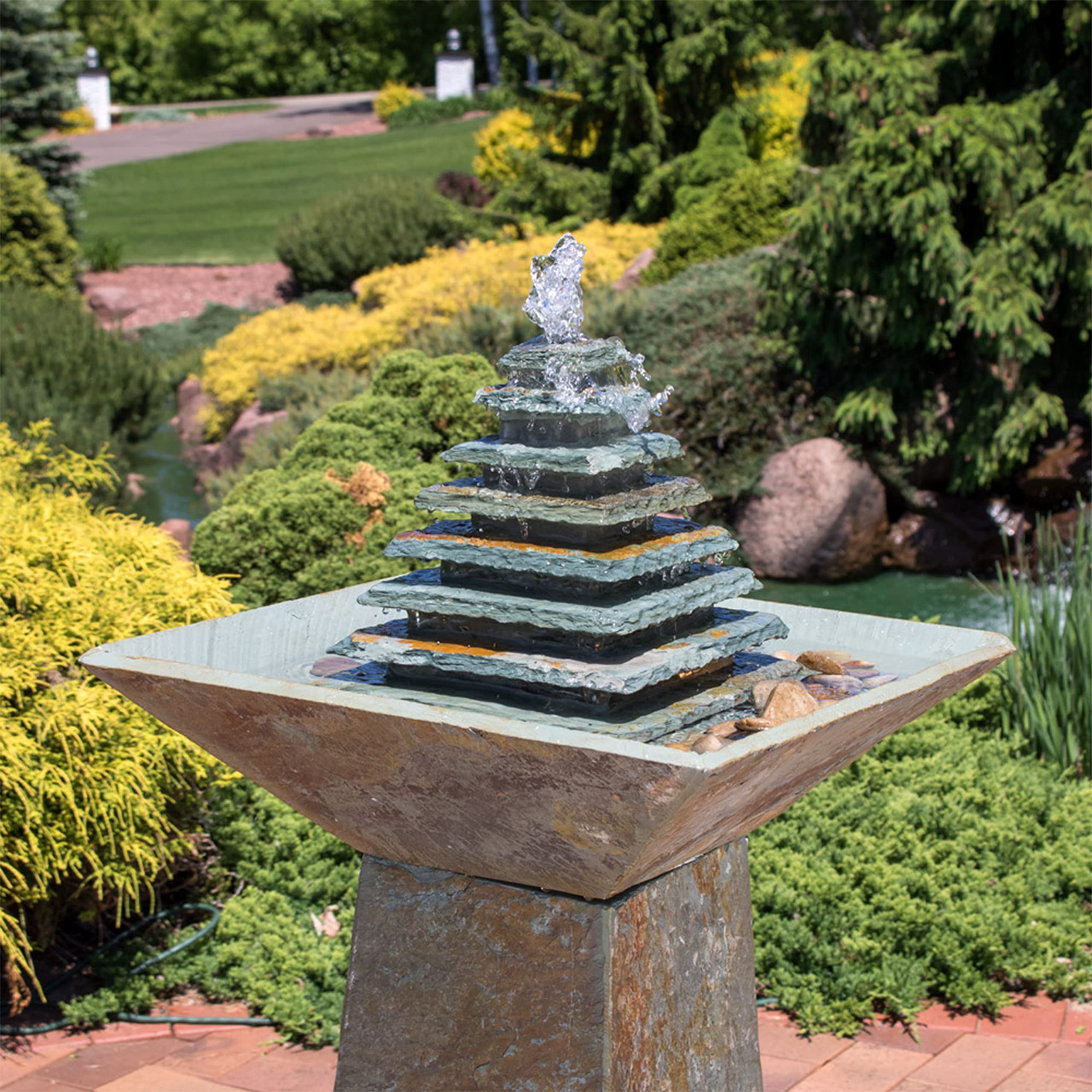 Slate Outdoor Water Fountain - Layered Pyramid Outdoor Water Feature with LED Lights