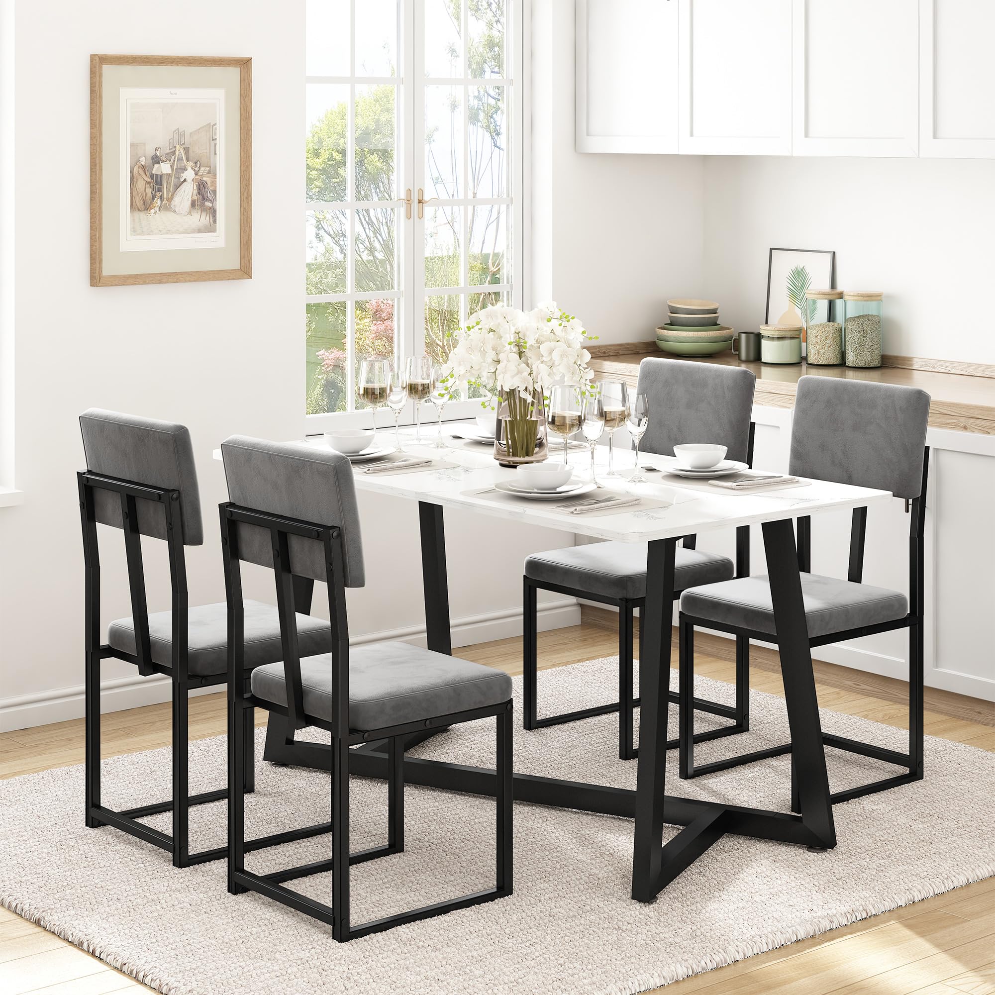 5-Piece Faux Marble Dining Set with Velvet Upholstered Chairs
