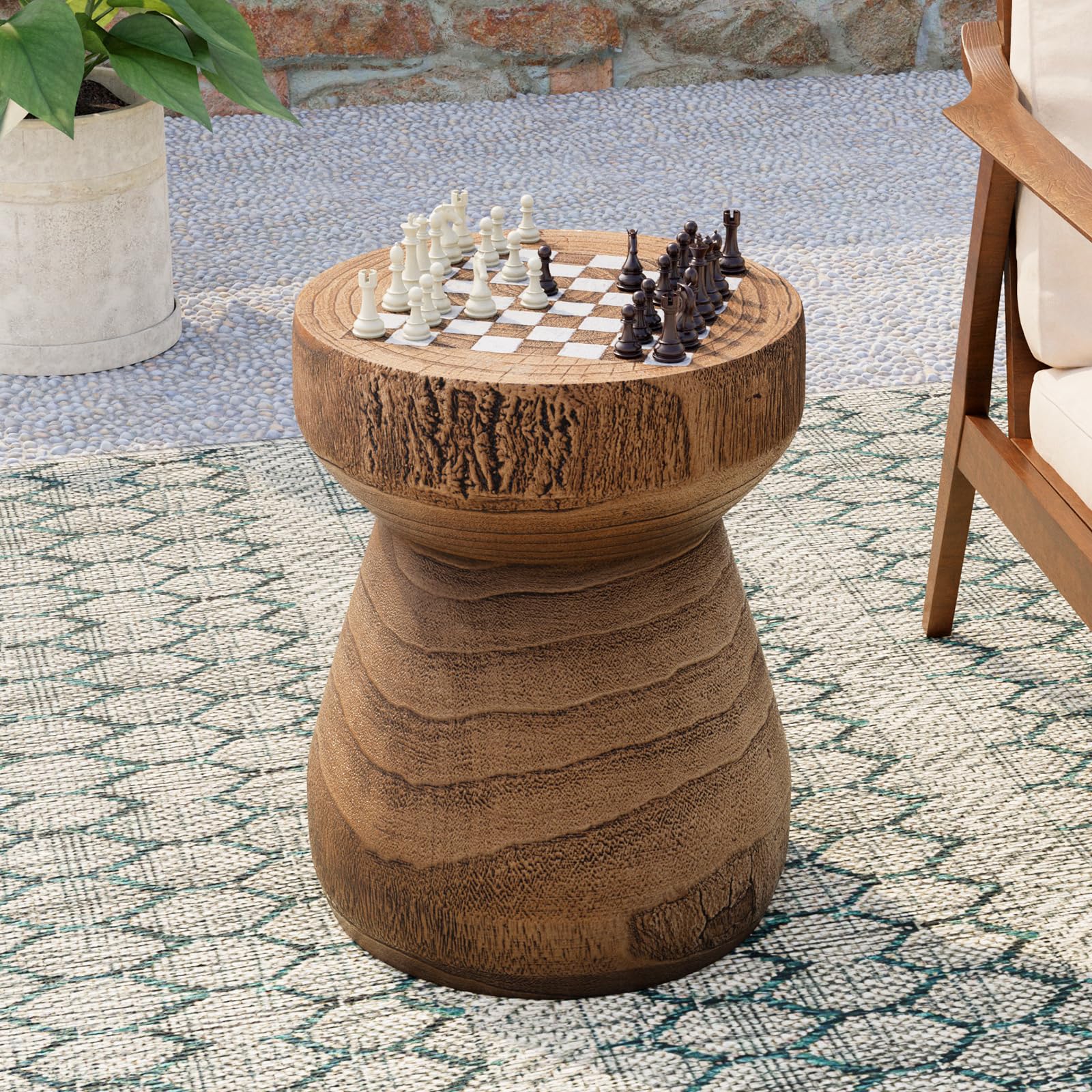 COSIEST Outdoor Side Table w Chessboard, 14''Concrete Faux Wooden Garden Stool, Lightweight Decor Outdoor Round End Table, Plant Stand for Garden and Deck, Brown - Bircata