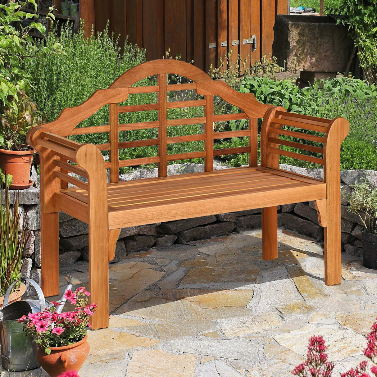 Outdoor Wood Bench, 4 Ft Foldable Eucalyptus Garden Bench, Two Person Loveseat Chair