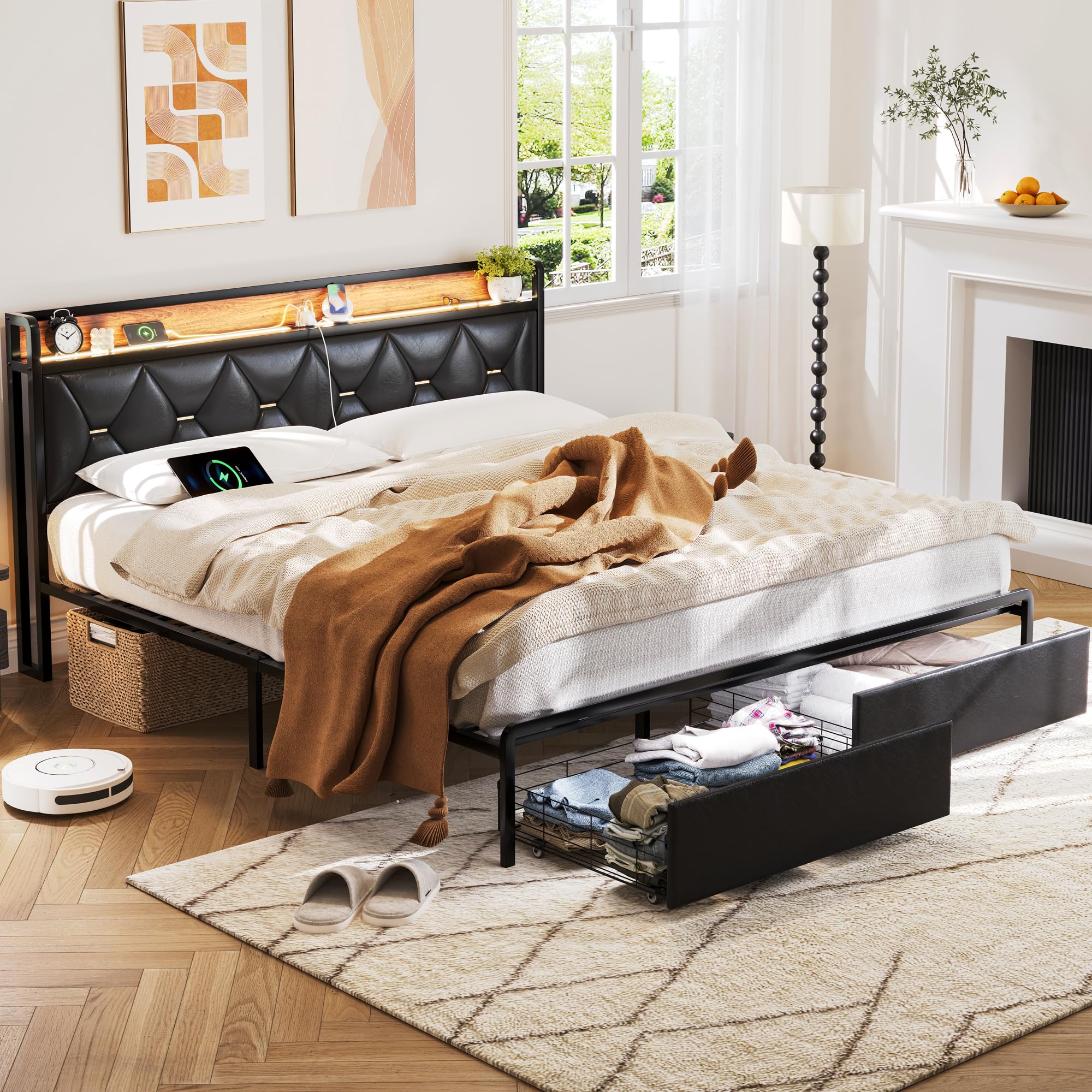 King Size Bed Frame with Headboard and Storage Drawers