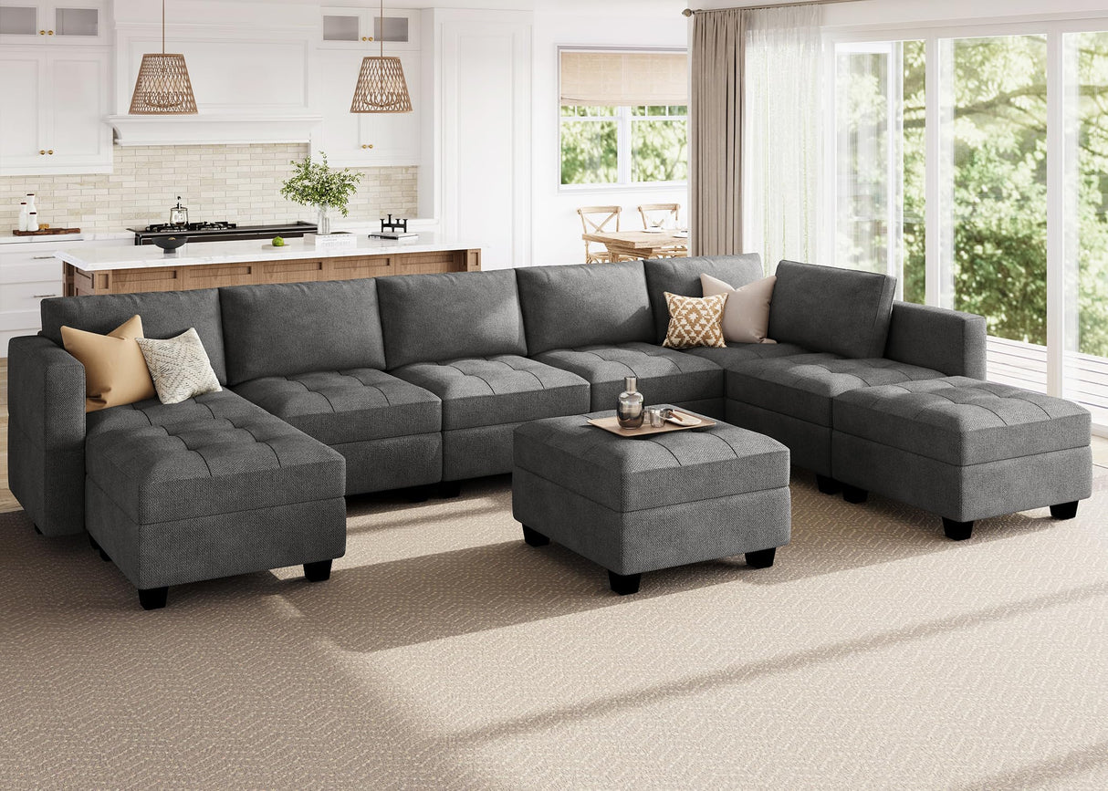 HONBAY U Shaped Modular Sectional Sofa with Storage Ottoman Sectional Couches for Living Room Dark Grey