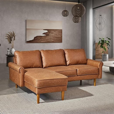 Weaxty 81.55" Sofa Couch, L Shaped Faux Leather Sectional with Chaise Suede Fabric