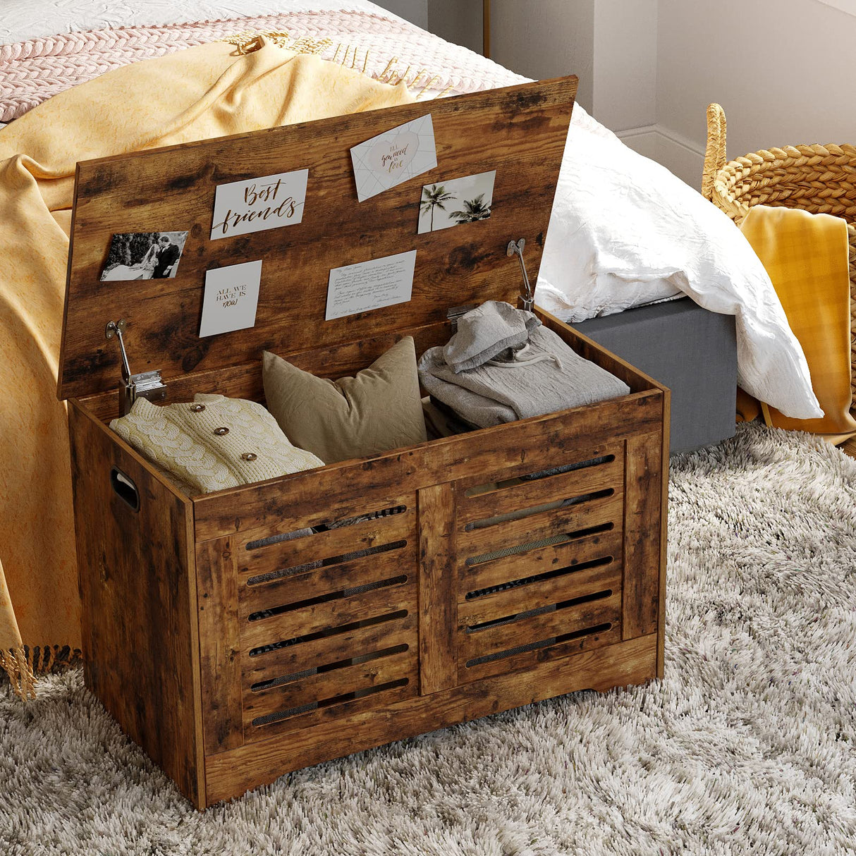 Storage Chest, Flip-Top Wooden Toy Box with 2 Safety Hinges, Retro Entryway Shoe Bench