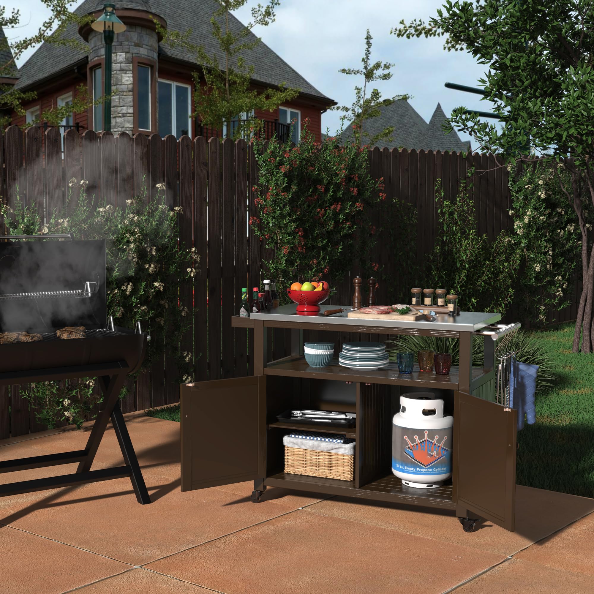 Outdoor Storage Cabinet Solid Wood Prep Grill Table with Stainless Steel Top Waterproof