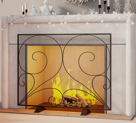 Single Panel Fireplace Screen Handcrafted Solid Wrought Iron Mesh, Heat-Resistant Fire Spark Guard