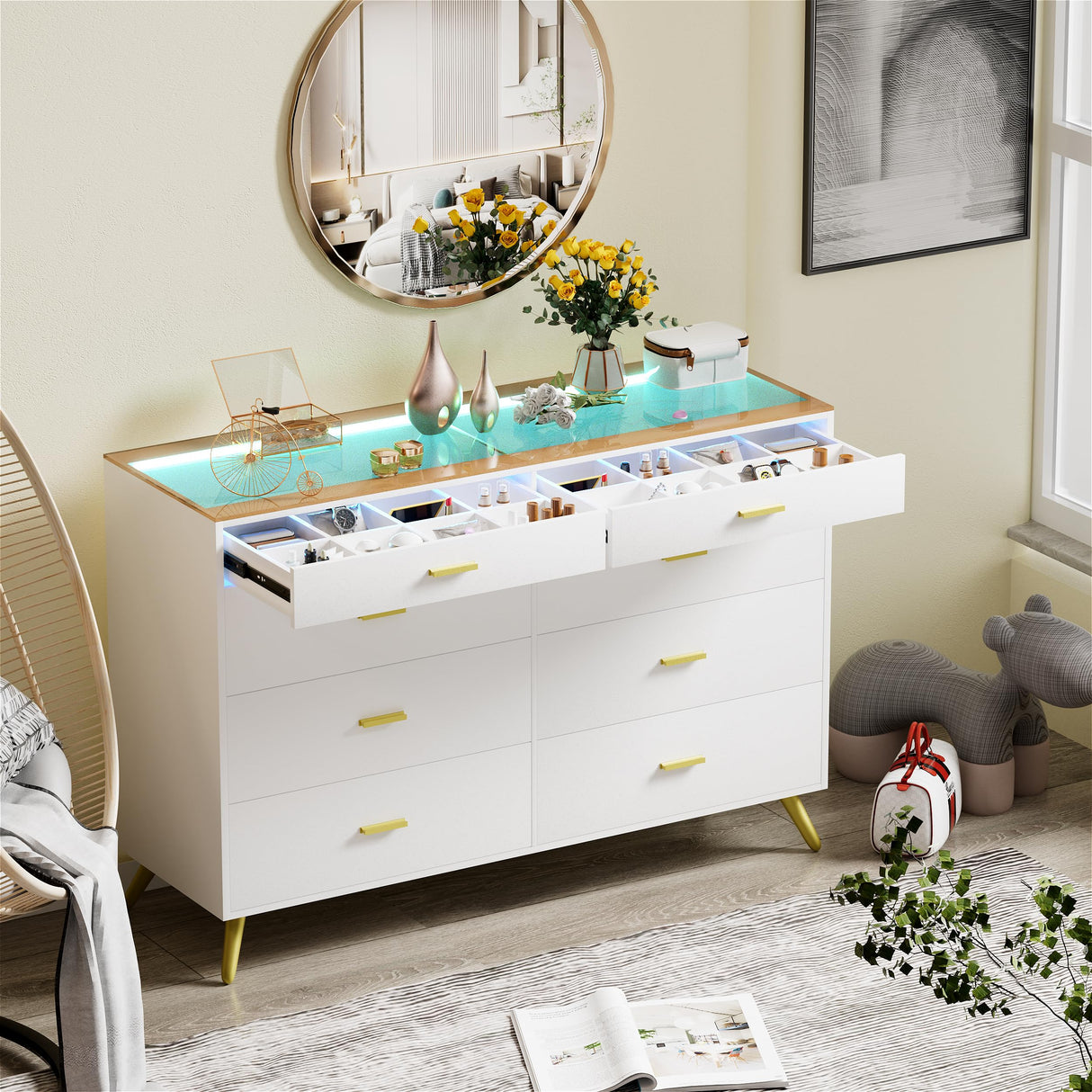 White Dresser with LED Lights for Bedroom,8 Drawer Dressers