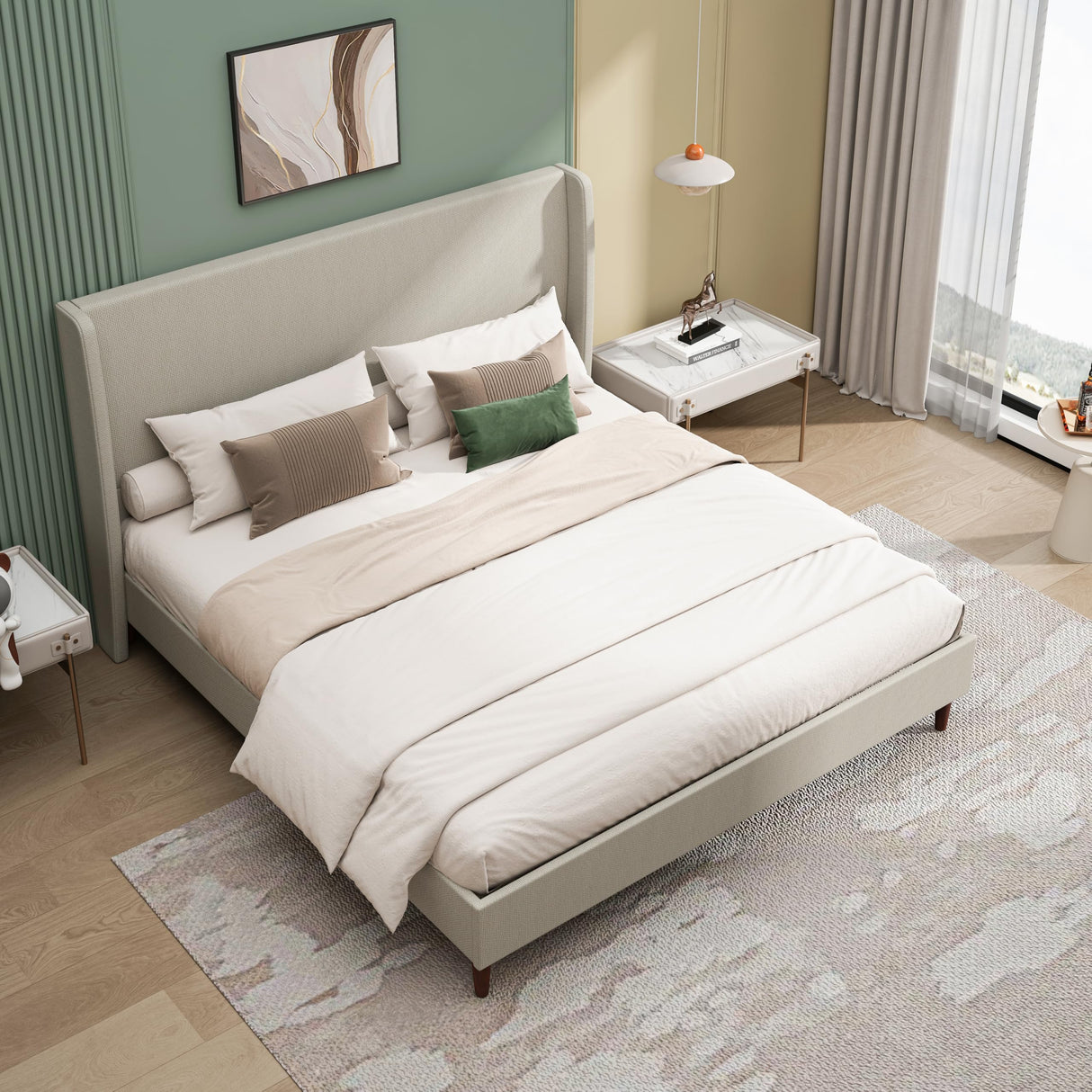 King Size Bed Frame,Linen Upholstered Platform Bed with Wingback Headboard