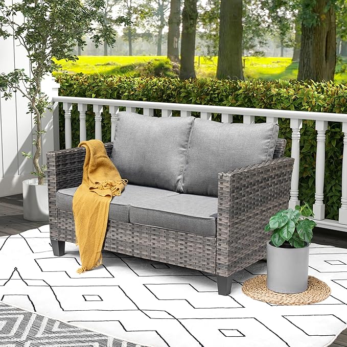 Patio Sofa Loveseat, 2-Seater Outdoor Wicker Rattan Sofa Couch
