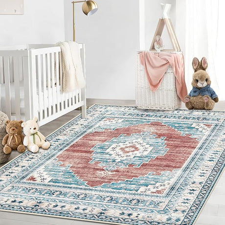 Area Rug 8x10 Large Rug: Washable Non-Slip Rugs Chenille Print Rug Soft Low-Pile Indoor Vintage Carpet for Living Room Bedroom Dining Table Kitchen Home Office(Blue, 8'x10')